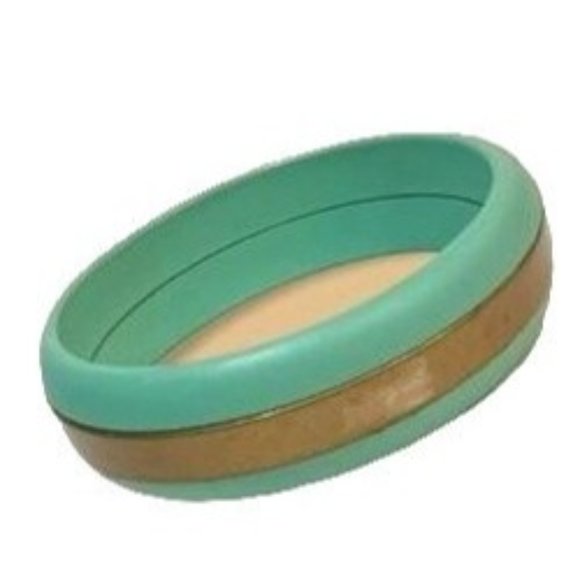 Vintage Mint Green Bangle Brushed Golden Stripe Bracelet Sustainable Fashion - Picture 1 of 4